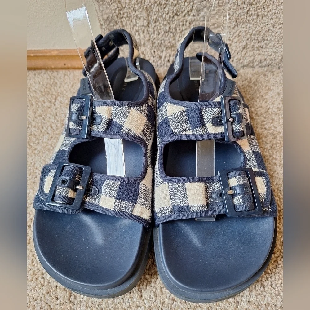 Charles And Keith Womens Navy/Cream Gingham Platform Buckle Sandals Size 41